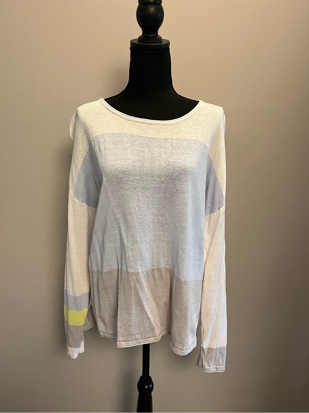 Lisa Todd Women’s Linen Sweater in Blue, Grey, and Cream, Size XL